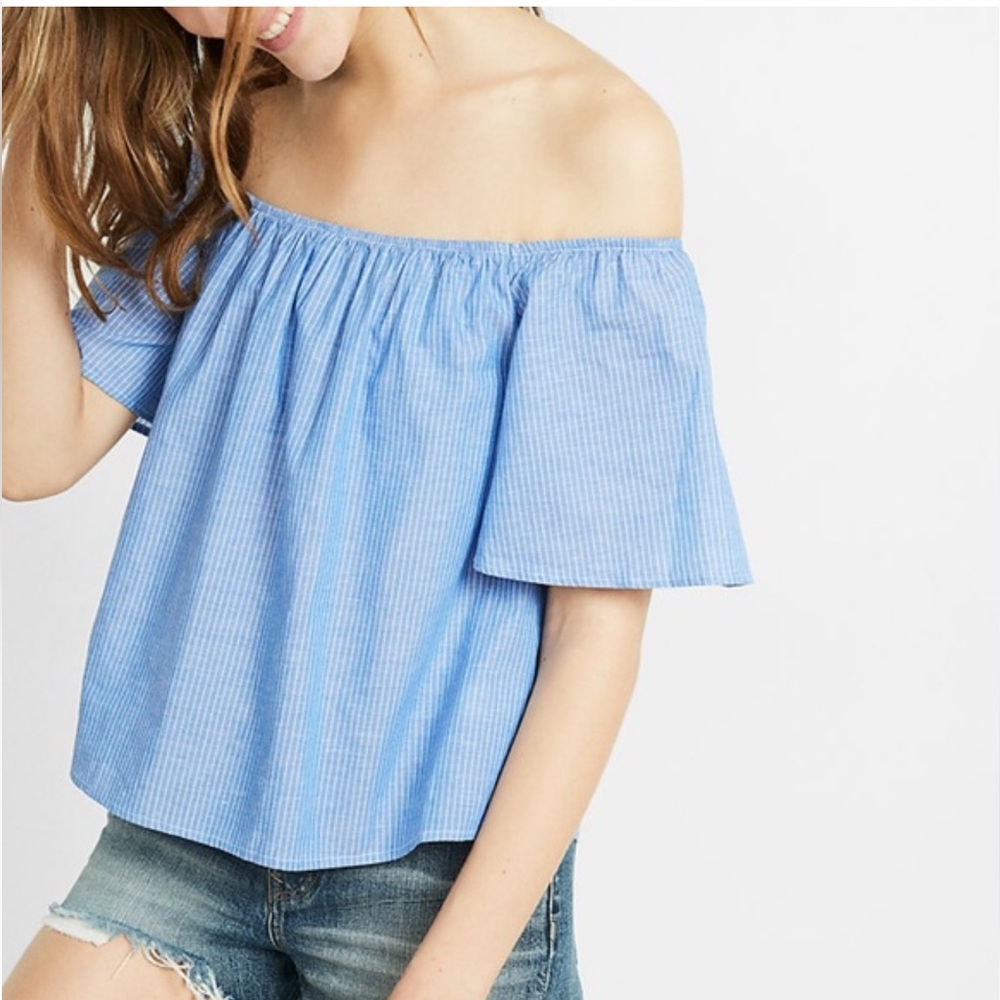 Express Blue and White Striped Off the Shoulder Top Chambray XS NWOT